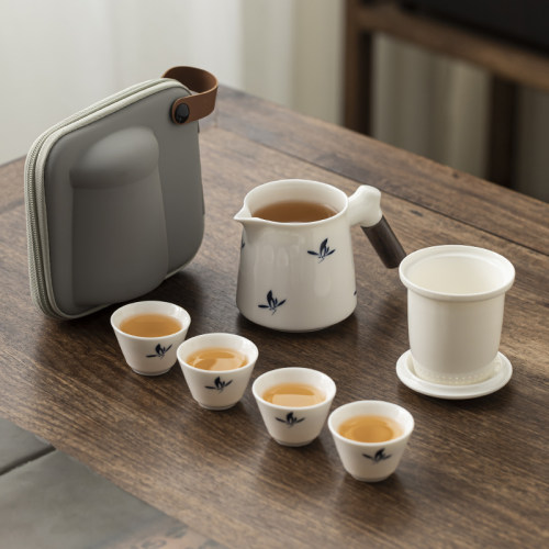 德化羊脂玉瓷一壶四杯便携茶具