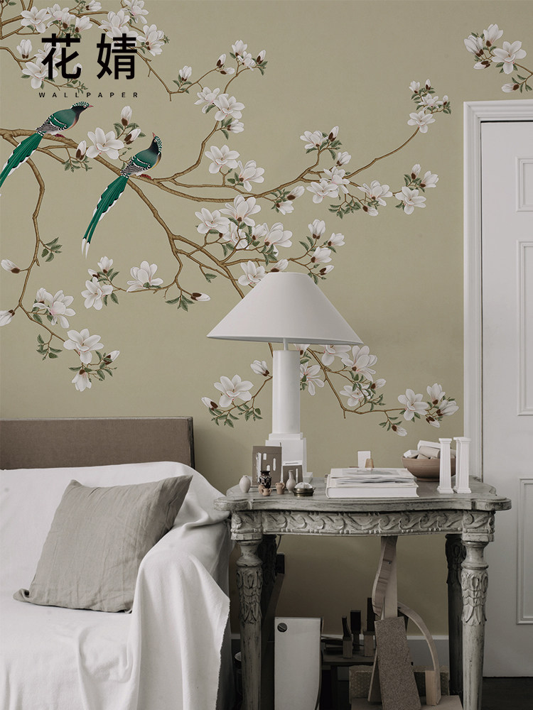 中式玉兰花墙纸卧室客厅高端墙布无缝定制花鸟电视背景墙壁纸壁画,家装主材,定制壁画,淘宝优惠券,粉丝福利购,淘宝优惠卷