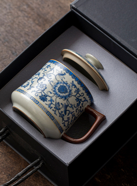 汝窑青花缠枝莲马克杯陶瓷水杯大容量喝茶带盖茶杯办公室杯子茶具