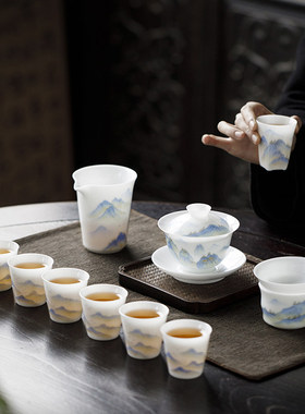 德化手绘冰种玉瓷又见青绿盖碗茶杯白瓷整套泡茶高档送礼功夫茶具