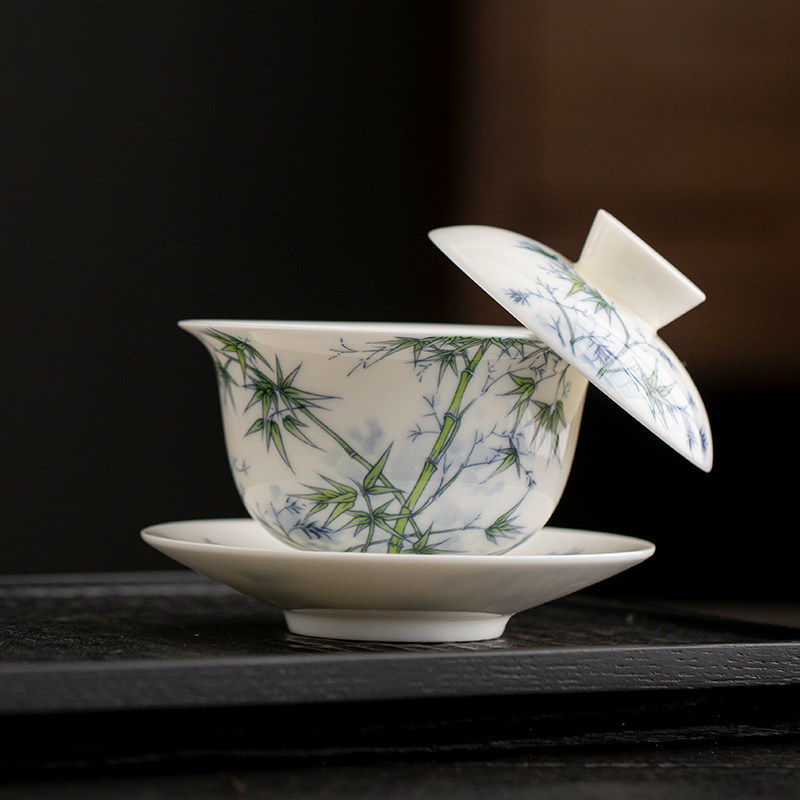 德化羊脂玉白瓷悬停旋转盖碗