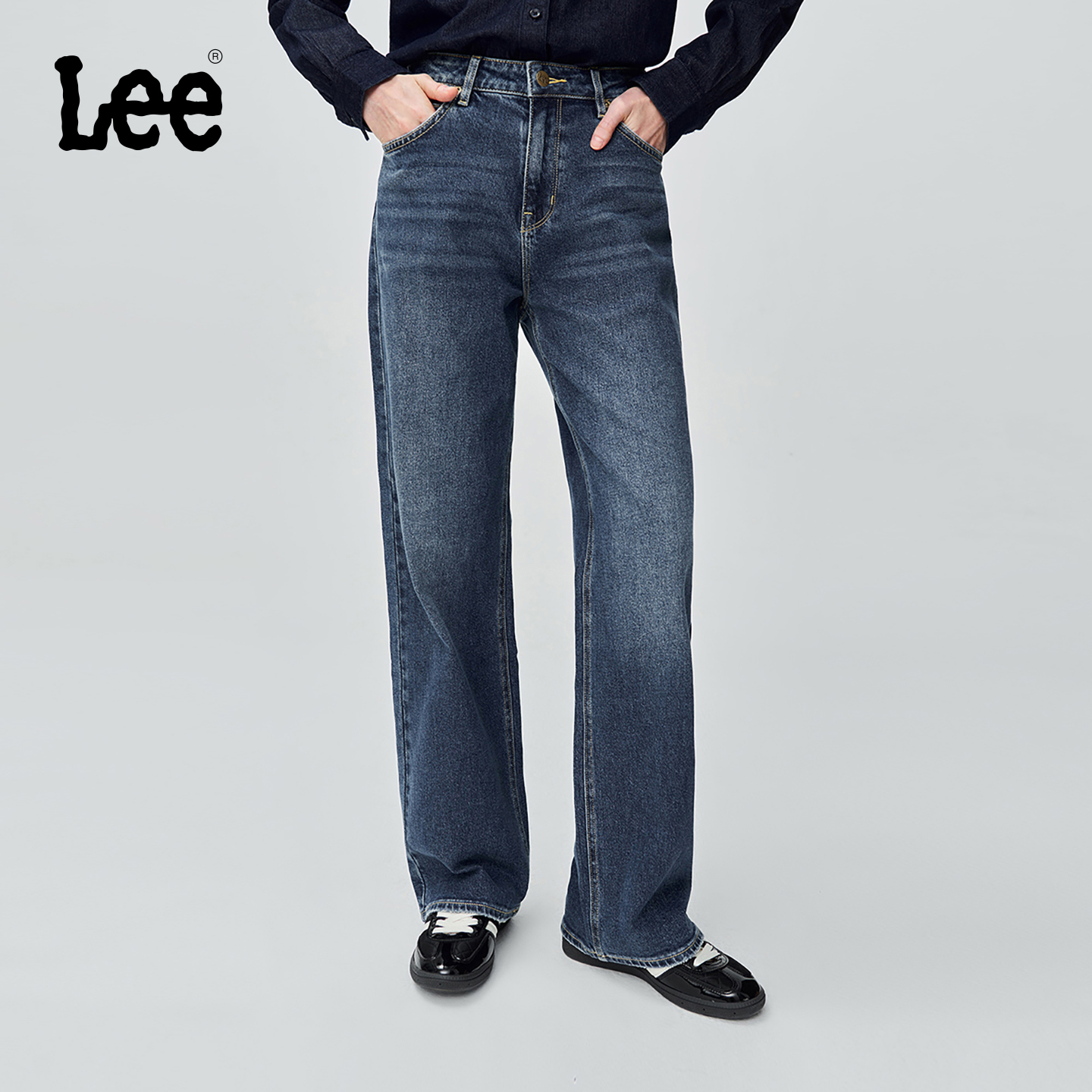 【张凌赫代言】Lee商场同款25秋冬新品429标准直脚中蓝色女牛仔裤