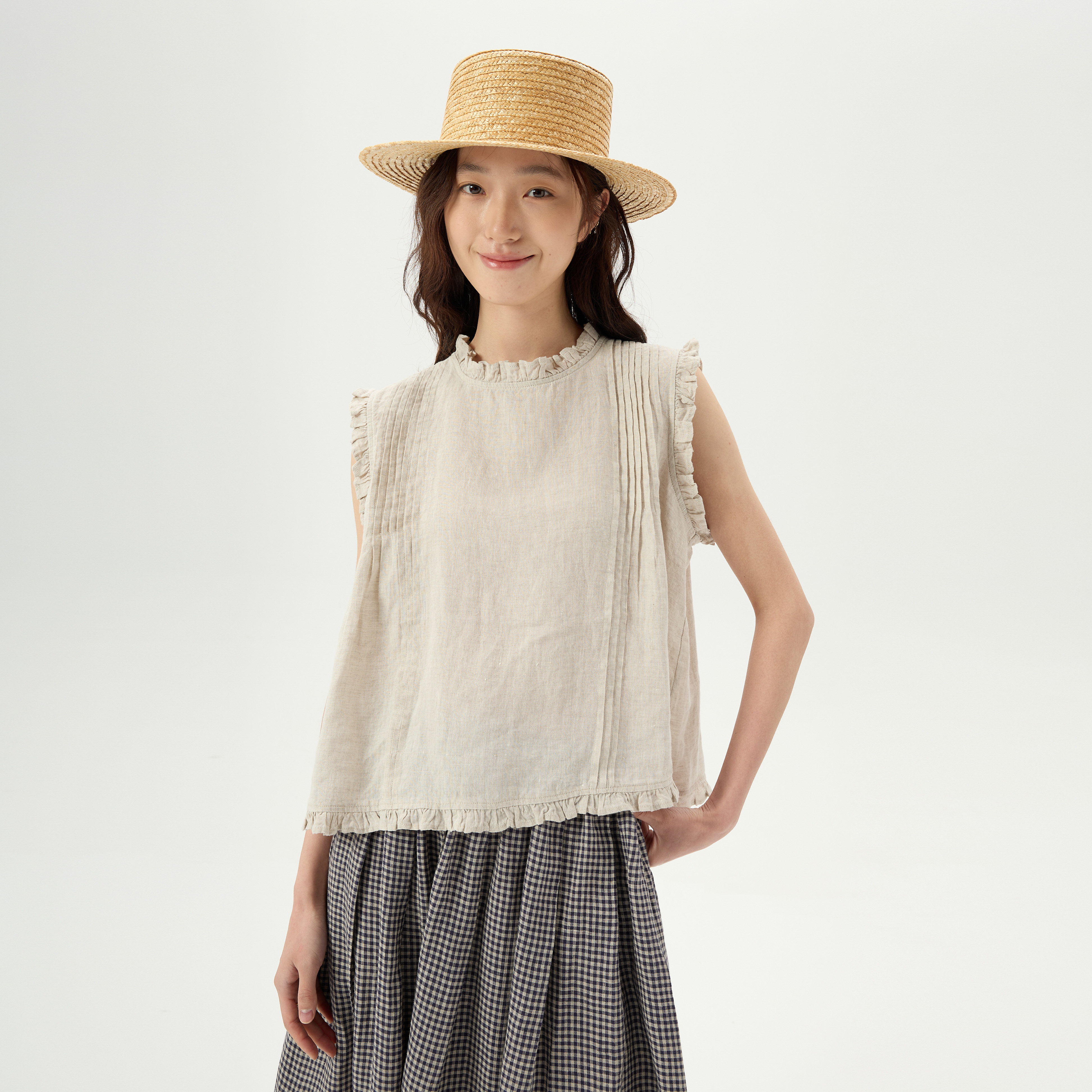 复述亚麻原色日系前胸风琴褶花边领小背心 夏季后背开扣飞袖上衣