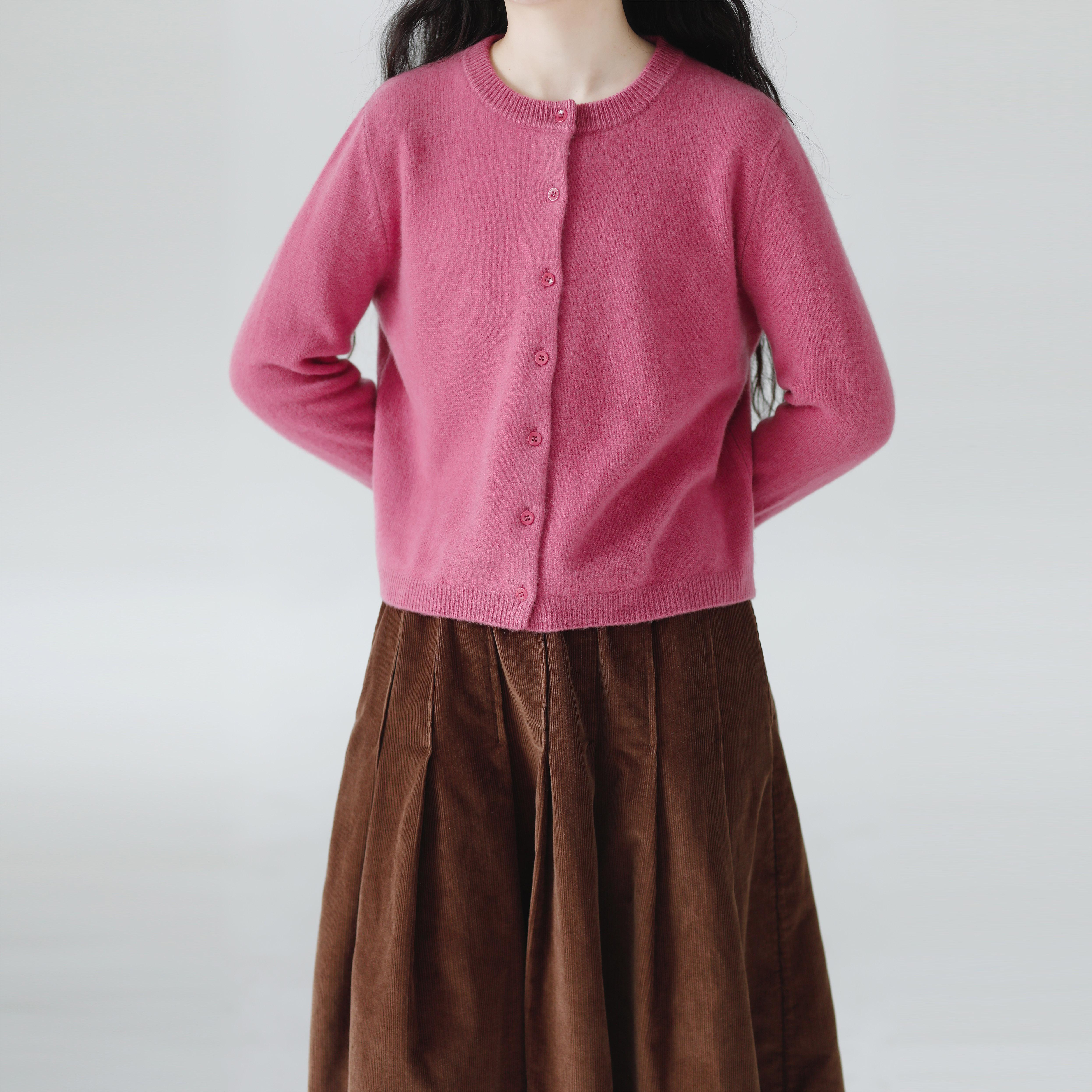 复述全羊毛圆领长袖毛衣小开衫亲肤软糯甜美小个子短款针织外套女