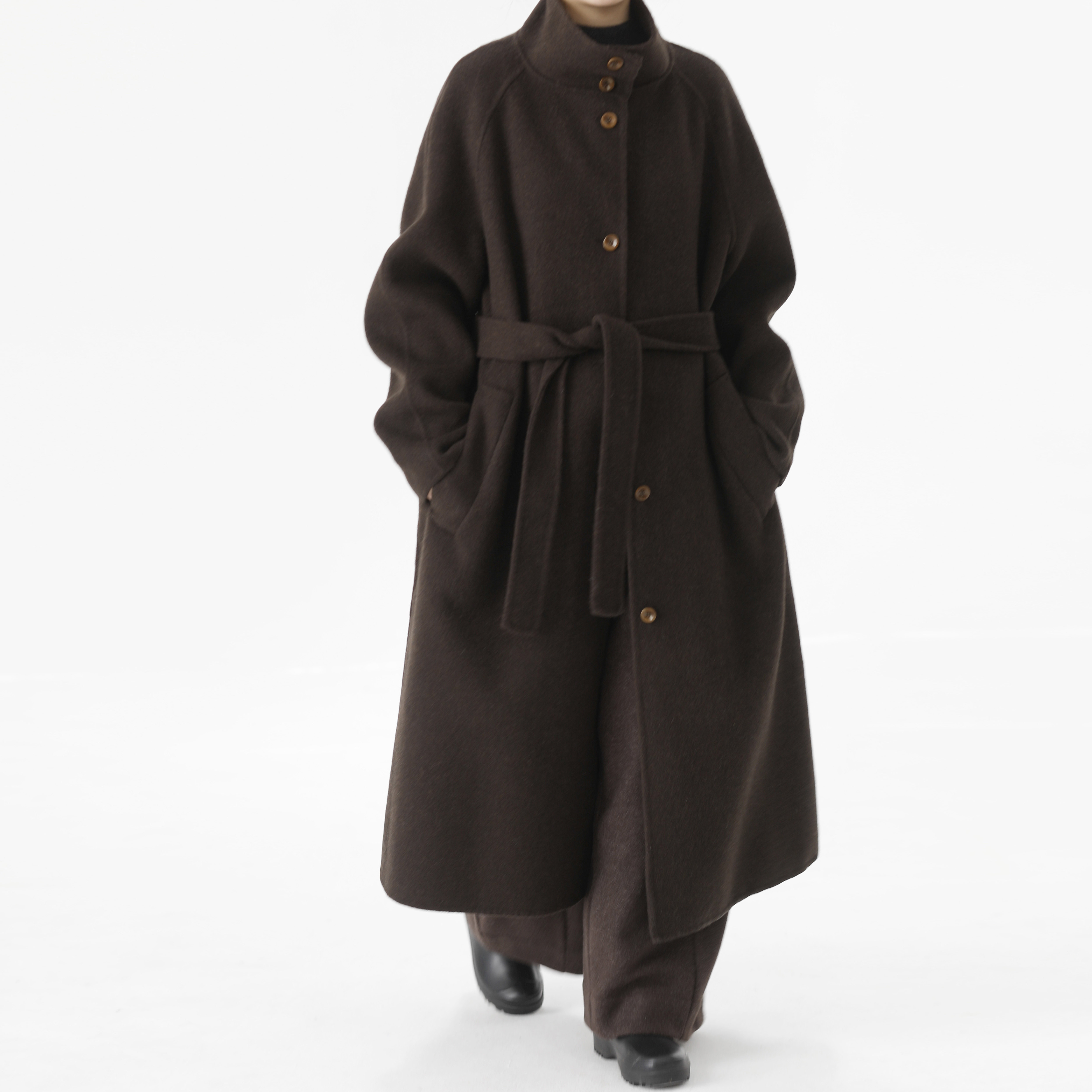 复述羊绒羊毛混纺双面呢咖啡色文艺风毛呢外套 立领带腰带长大衣,女装/女士精品,毛呢外套,淘宝优惠券,粉丝福利购,淘宝优惠卷