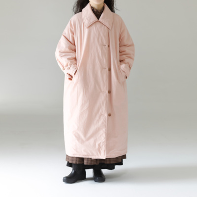复述浅粉全棉文艺风长款棉服 翻领宽松简约复古文艺女士过冬外套