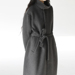 复述绵羊毛双面呢立领系带腰系带气质大长款亚灰色H型直筒大衣