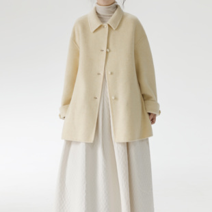复述浅黄色绵羊毛双面呢 千金感小翻领单排扣中长大衣毛呢外套