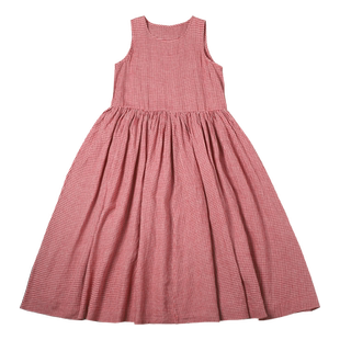 复述色织小红格无袖连衣裙宽松A字简约背心长裙背心裙