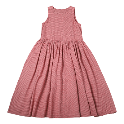 复述色织红格重工褶裥大摆圆领