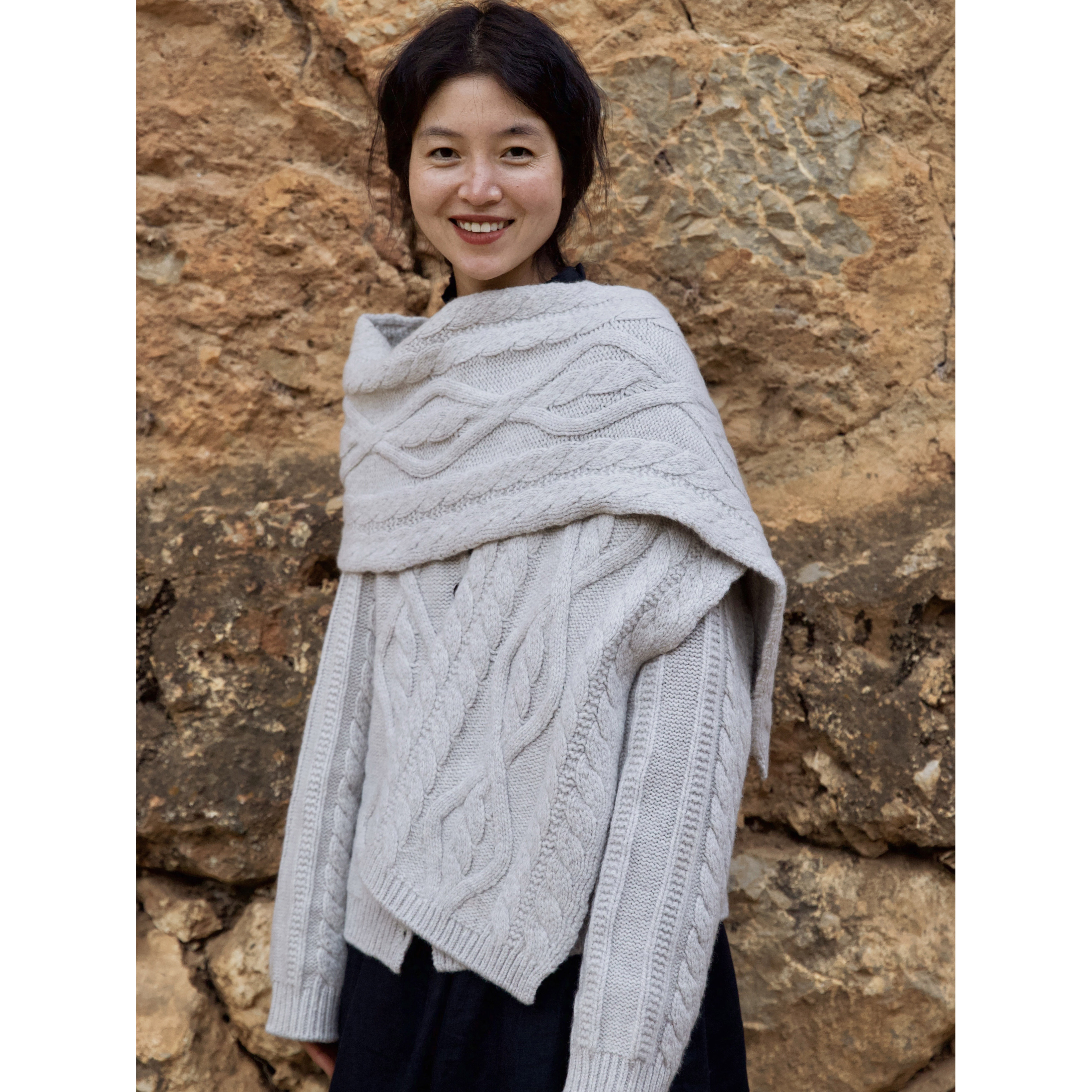 复述手工感粗针大麻花绞花羊毛衫针织开衫 秋冬新品大长绞花围巾