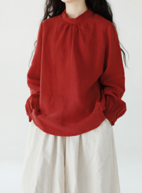 复述全亚麻新年安可拉正红色衬衫显白气质文艺木耳领宽松长袖上衣