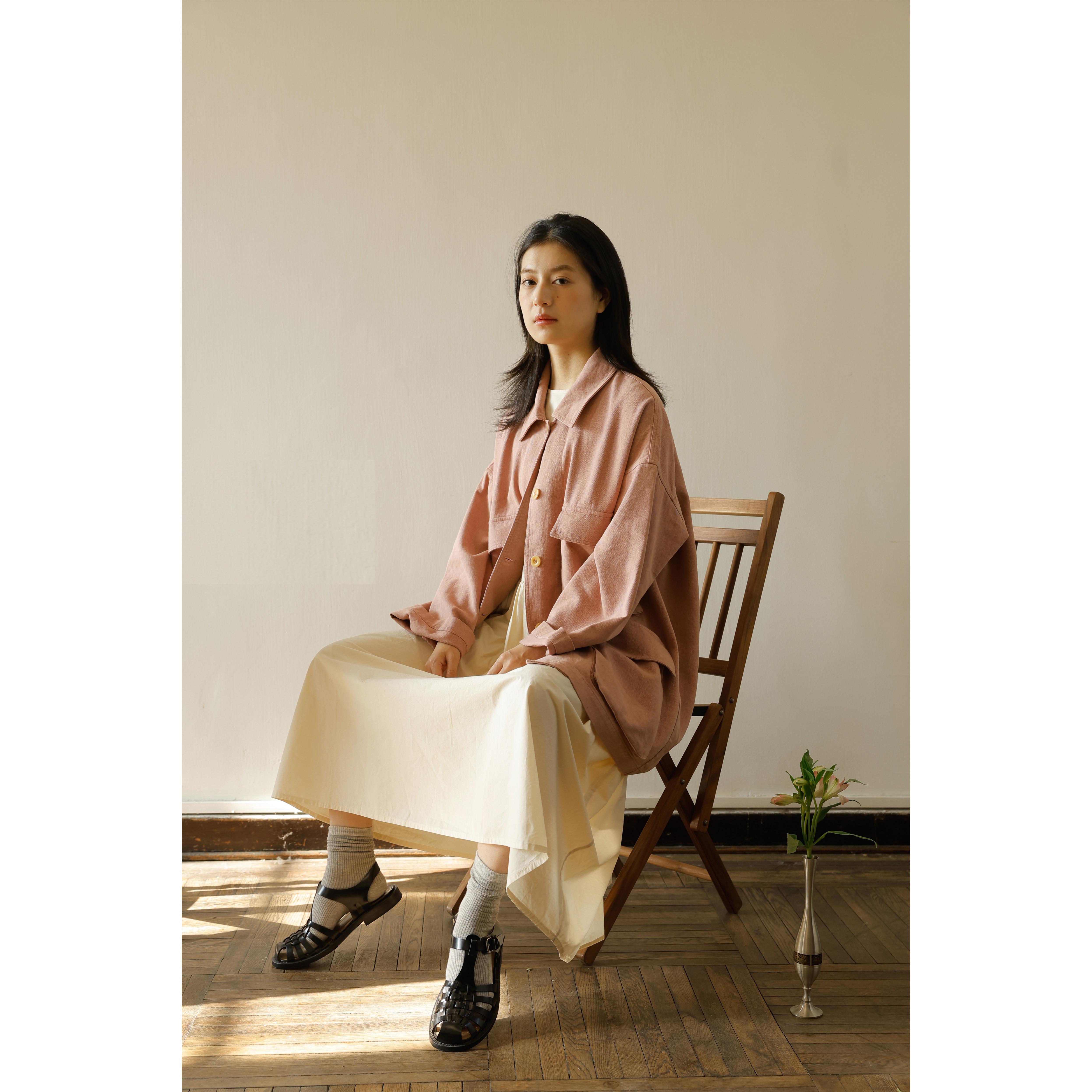 复述原创设计棉麻粉色工装风外套小众设计感多口袋宽松慵懒风上衣