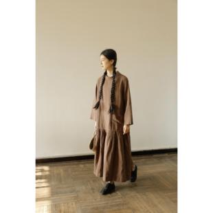 复述汉麻 自然古朴味赭土色 松弛低腰节小立领连衣裙