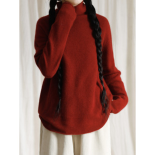 复述羊驼毛浣熊绒羊毛混纺套头针织衫 宽松版三色无缝高领毛衣