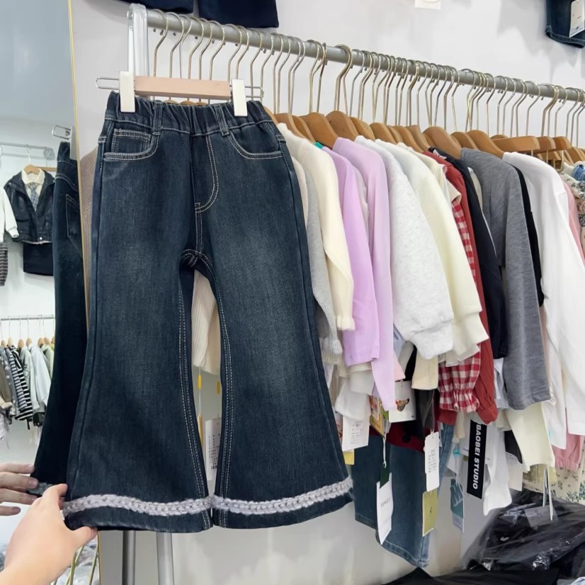女童牛仔喇叭裤冬季一体绒裤子潮