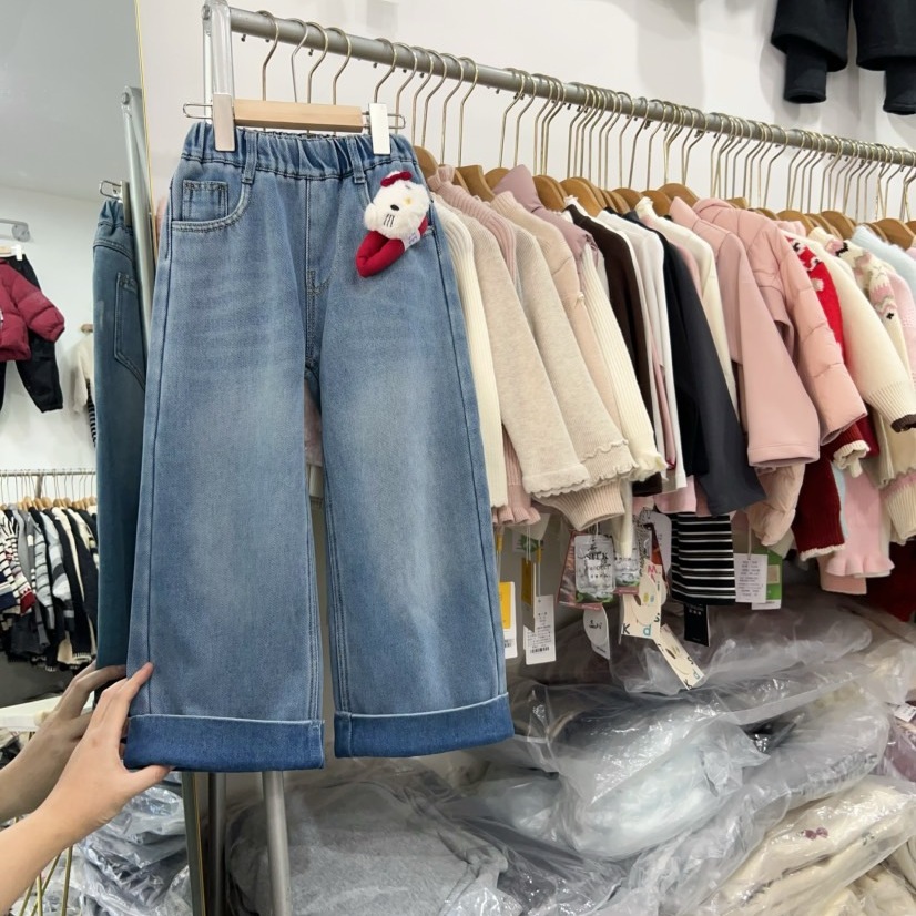 女童加绒牛仔阔腿裤冬季一体绒裤