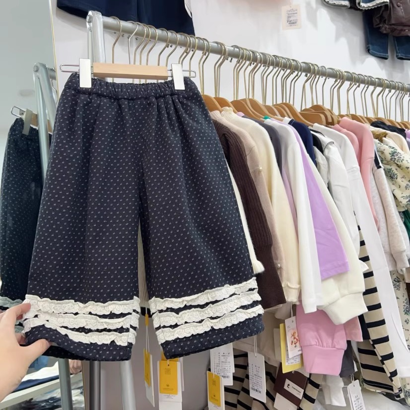 女童加绒阔腿裤冬季韩版波点裤子