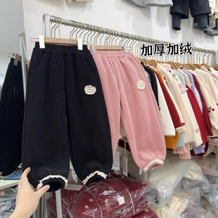 一体绒卫裤 保暖女孩运动裤 潮 冬季 蕾丝花边加厚加绒女童条绒休闲裤