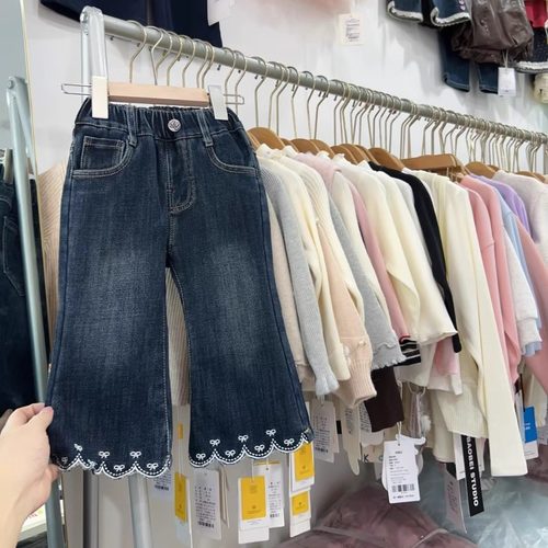 女童牛仔喇叭裤加绒一体绒裤子潮