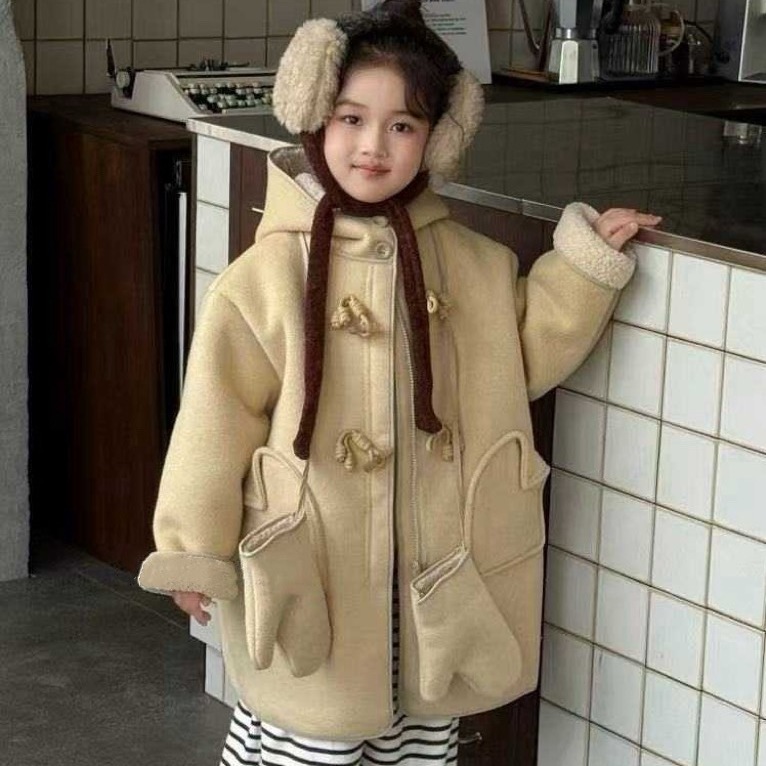 女童毛呢外套冬装加绒中长款送手套女孩羊羔毛一体绒呢子大衣儿童