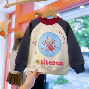 男童加绒卫衣秋冬装中大童奥特曼翻转亮片男孩子长袖休闲上衣儿童