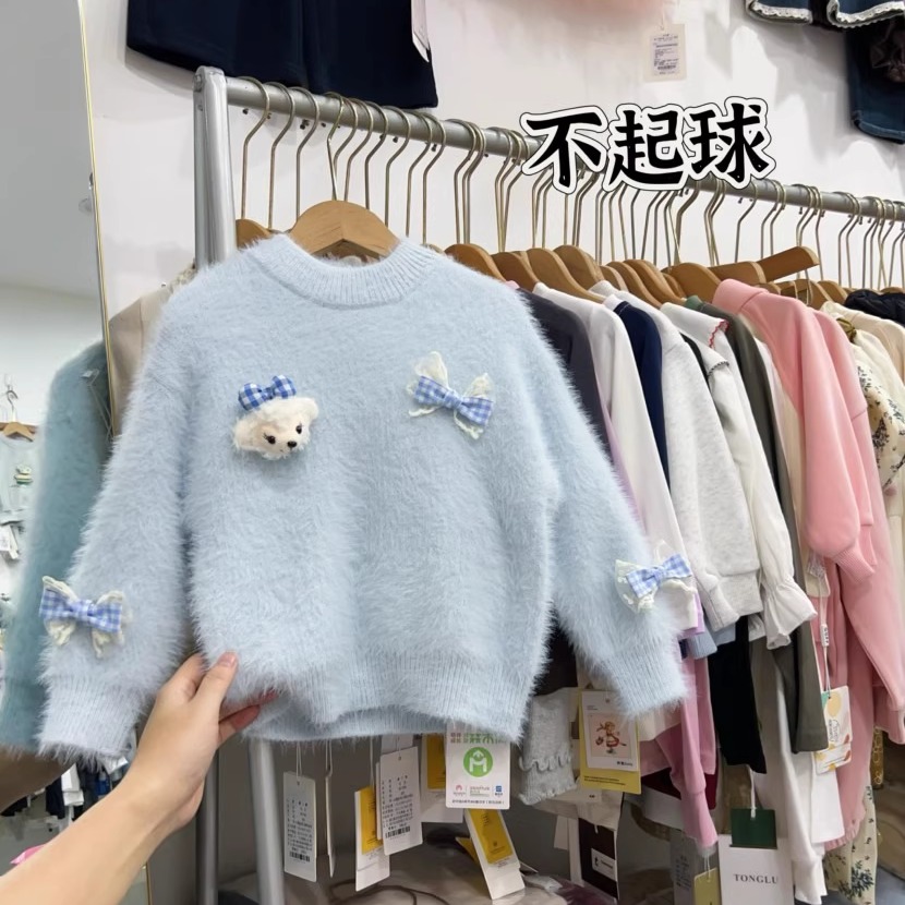 女童水貂绒毛衣冬季蝴蝶结针织衫