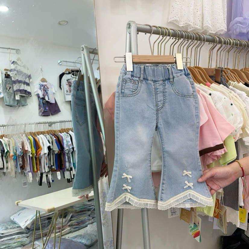 蕾丝花边女童喇叭牛仔裤夏季薄款不规则洋气女孩九分裤儿童休闲裤