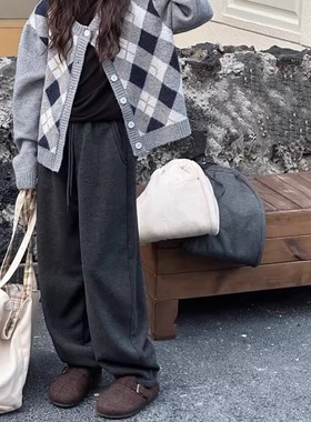 女大童加绒阔腿裤冬季女孩羊绒裤深灰色软面料加厚儿童休闲裤子潮