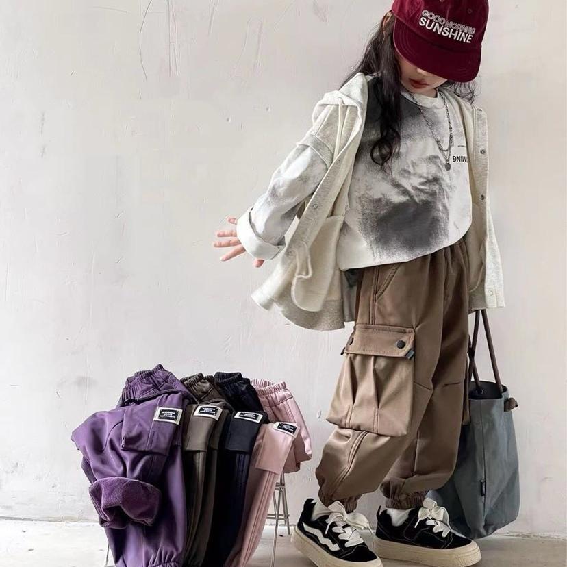 男童女童工装裤加绒冬装设计感口袋休闲裤冬季女孩一体绒裤子儿童