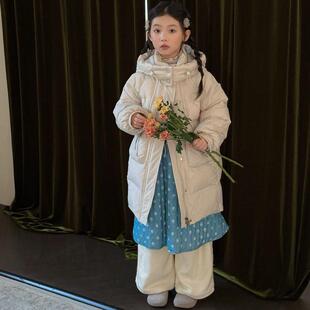 女童收腰羽绒服中长款冬季女孩抗寒保暖连帽米白色儿童白鸭绒外套