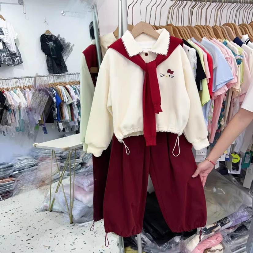 女童kt猫套装春秋款披肩polo领收腰卫衣洋气女孩红色休闲裤三件套