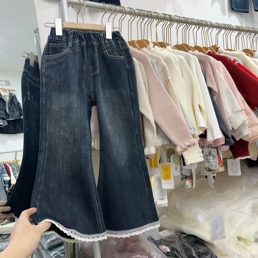 蕾丝花边女童牛仔喇叭裤加绒冬季