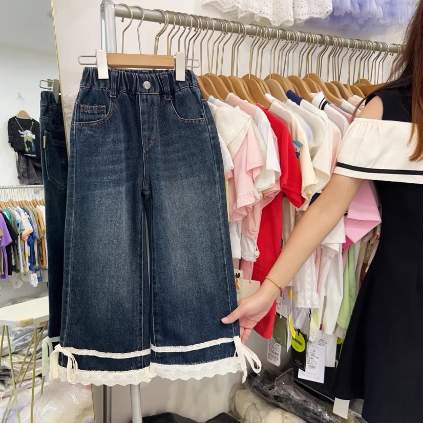 小首尔蕾丝花边女童牛仔阔腿裤子