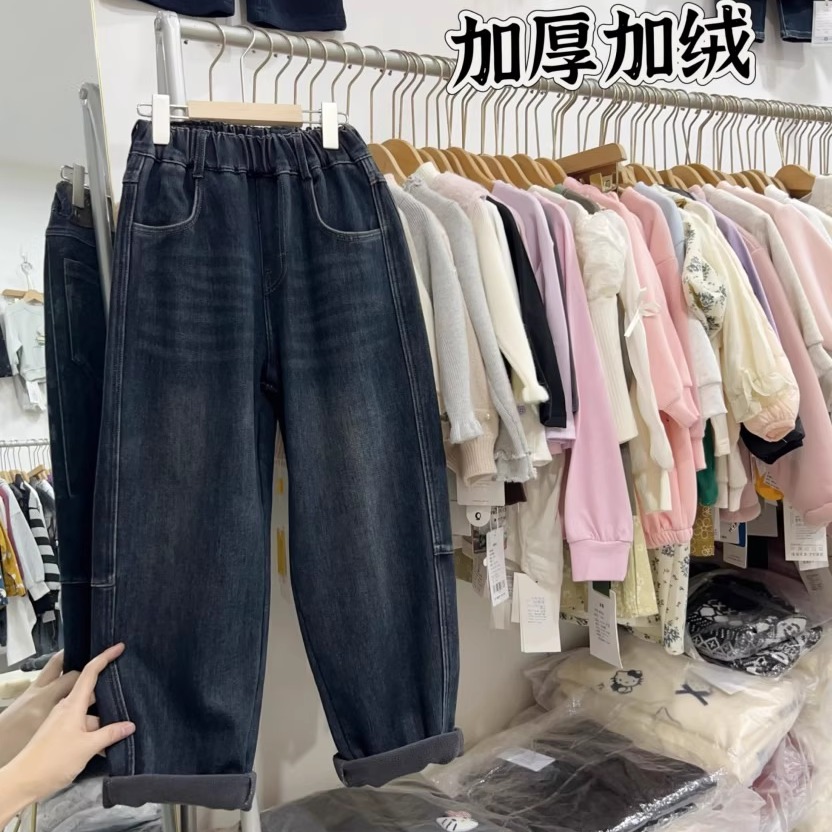 男大童加绒牛仔裤冬季一体绒裤子
