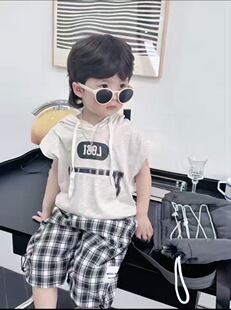 男童套装夏季薄款格子裤男宝宝连帽卫衣潮儿童短袖T恤夏装三件套