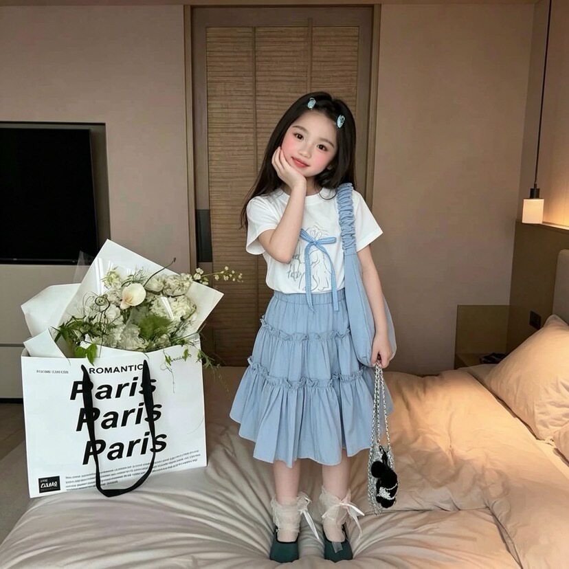 夏季女童出游穿搭套装T恤半身裙