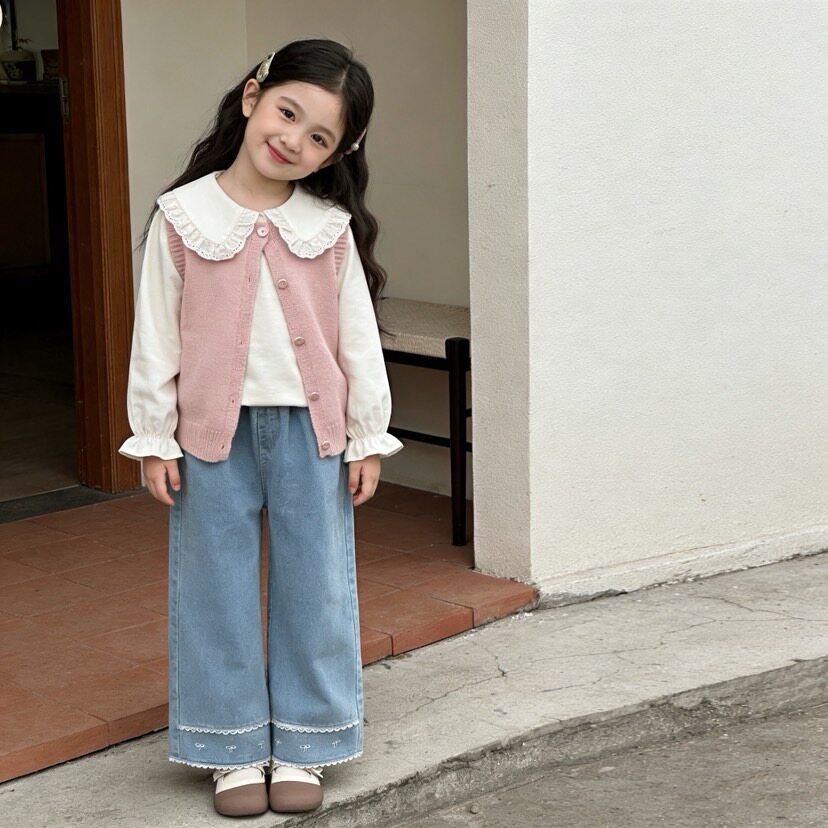 蕾丝花边女童牛仔阔腿裤春秋款浅色设计感洋气小女孩春装裤子儿童
