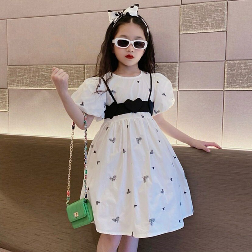 女童连衣裙夏季刺绣爱心吊带套装