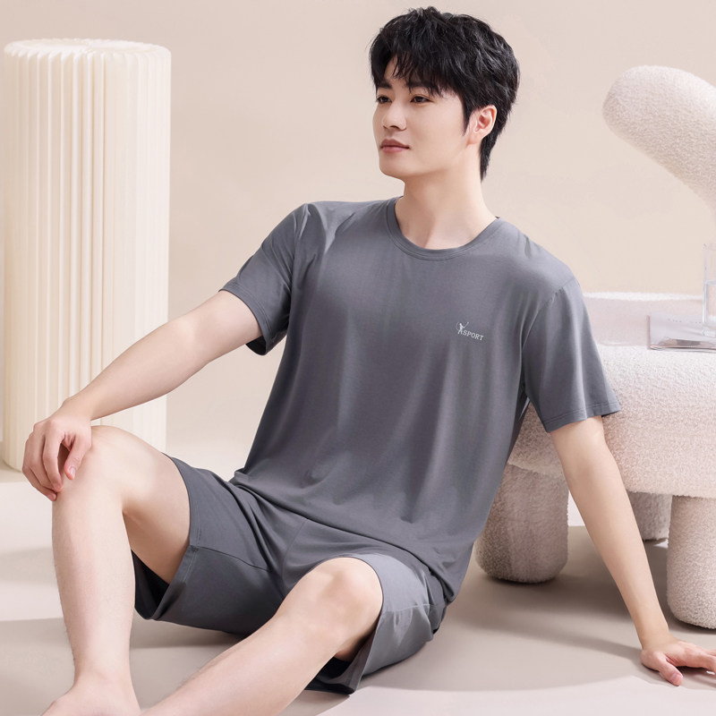 男士睡衣夏季青中年莫代尔棉短袖短裤薄款冰丝男款家居服套装夏天