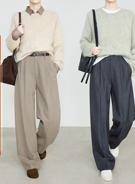 夏莫卡羊毛灰色阔腿裤女秋2025新直筒裤显瘦燕麦棕西装裤7907