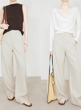 夏莫卡100%亚麻裤老钱风裤子女显瘦直筒长裤白色阔腿裤加长7747