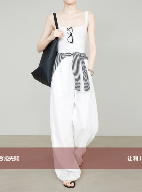 夏莫卡100%亚麻直筒裤女夏加长山本裤松弛感休闲裤白色阔腿裤7856