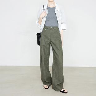 夏莫卡浮雕提花橄榄绿牛仔裤女春新品时髦高腰弧形弯刀裤显瘦7975