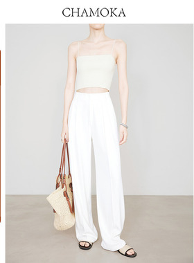 夏莫卡防透白色阔腿裤女薄新抗皱裤子加长直筒裤垂感西装裤夏9655