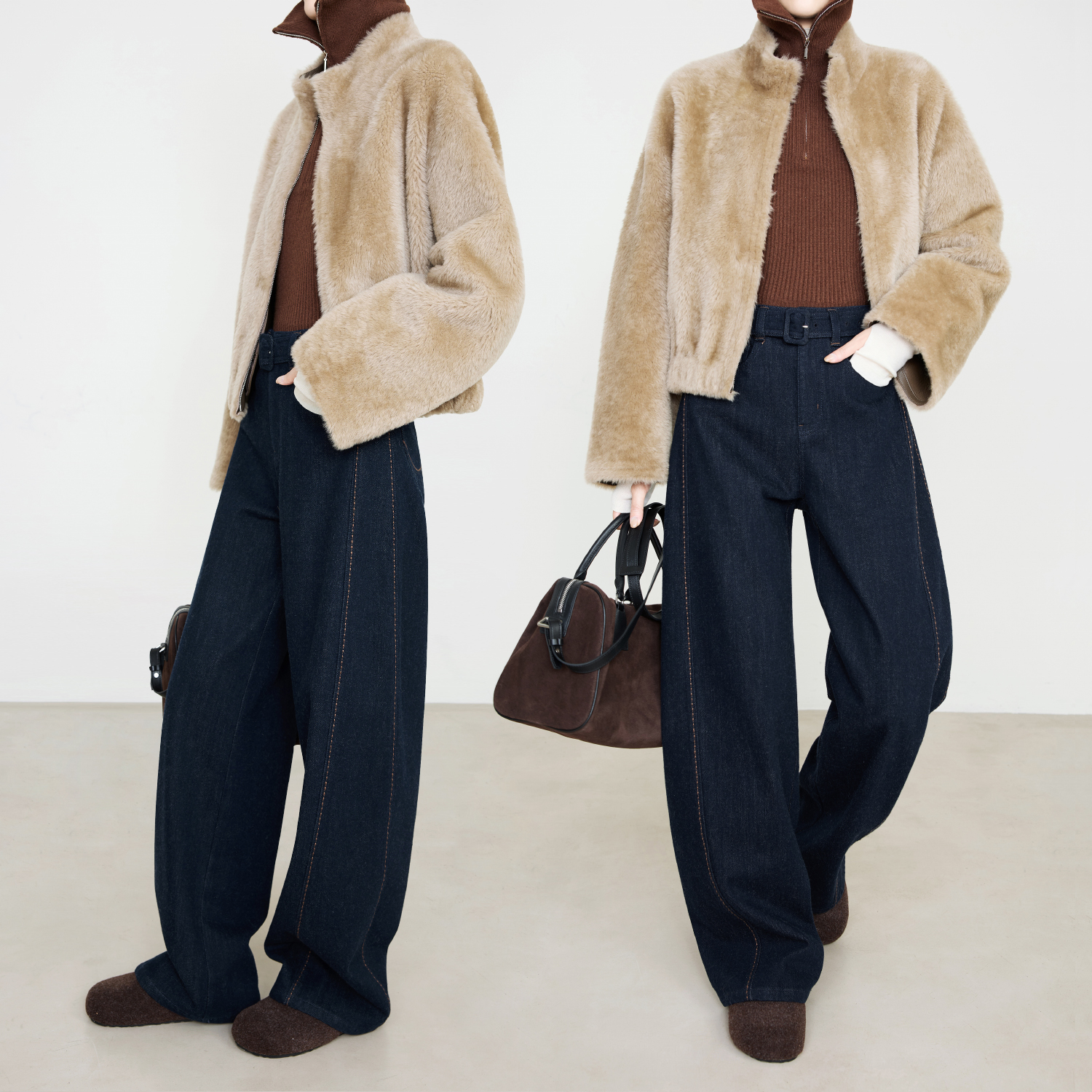 加绒不掉色羊毛牛仔三片式阔腿裤