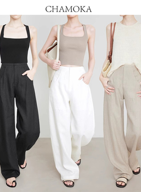夏莫卡白色亚麻裤老钱风加长休闲裤女显瘦长裤100%亚麻香蕉裤7706