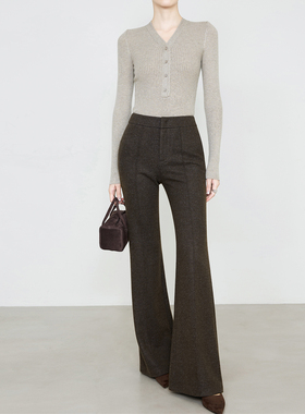 夏莫卡羊毛微喇裤秋冬弹力毛呢裤显瘦休闲裤加长咖色喇叭裤7949