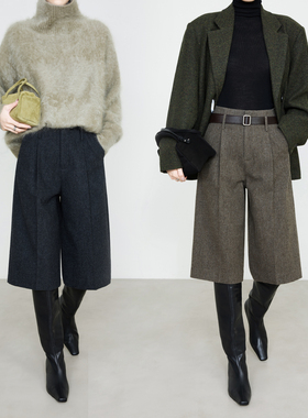 夏莫卡100%绵羊毛六分裤深炭灰过膝女2025秋冬加厚法兰绒中裤9717