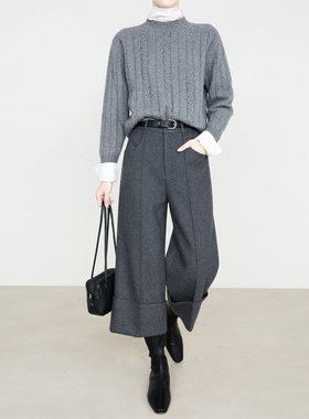 夏莫卡老钱灰羊毛裤直筒裤利落毛呢裤显瘦阔腿裤八分西装裤冬6867